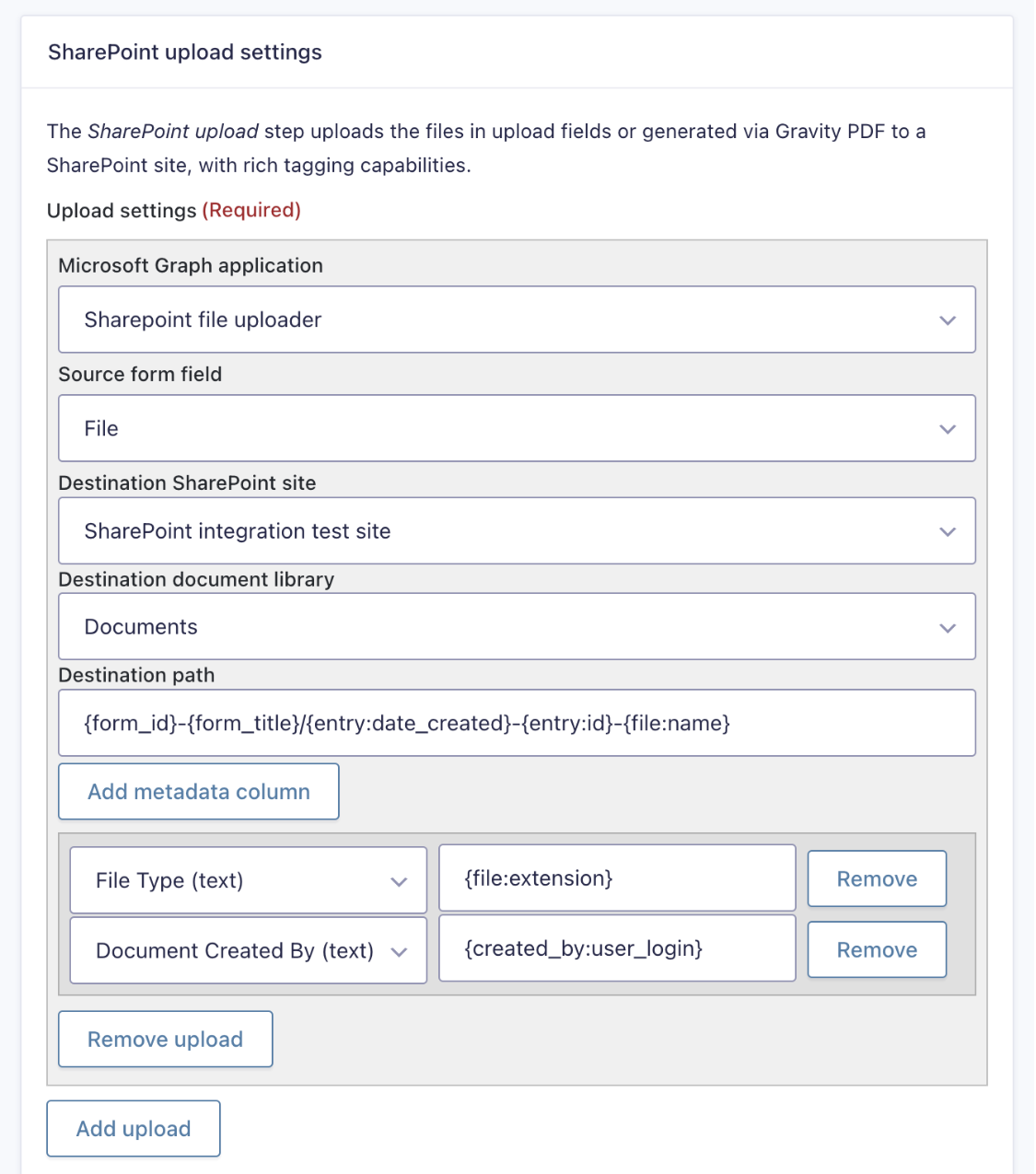 Screenshot of WordPress back end showing Gravity Forms upload folder path