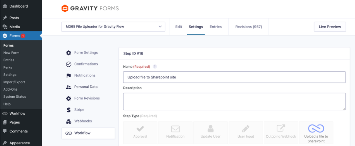 WordPress backend showing gravity forms upload folder structure